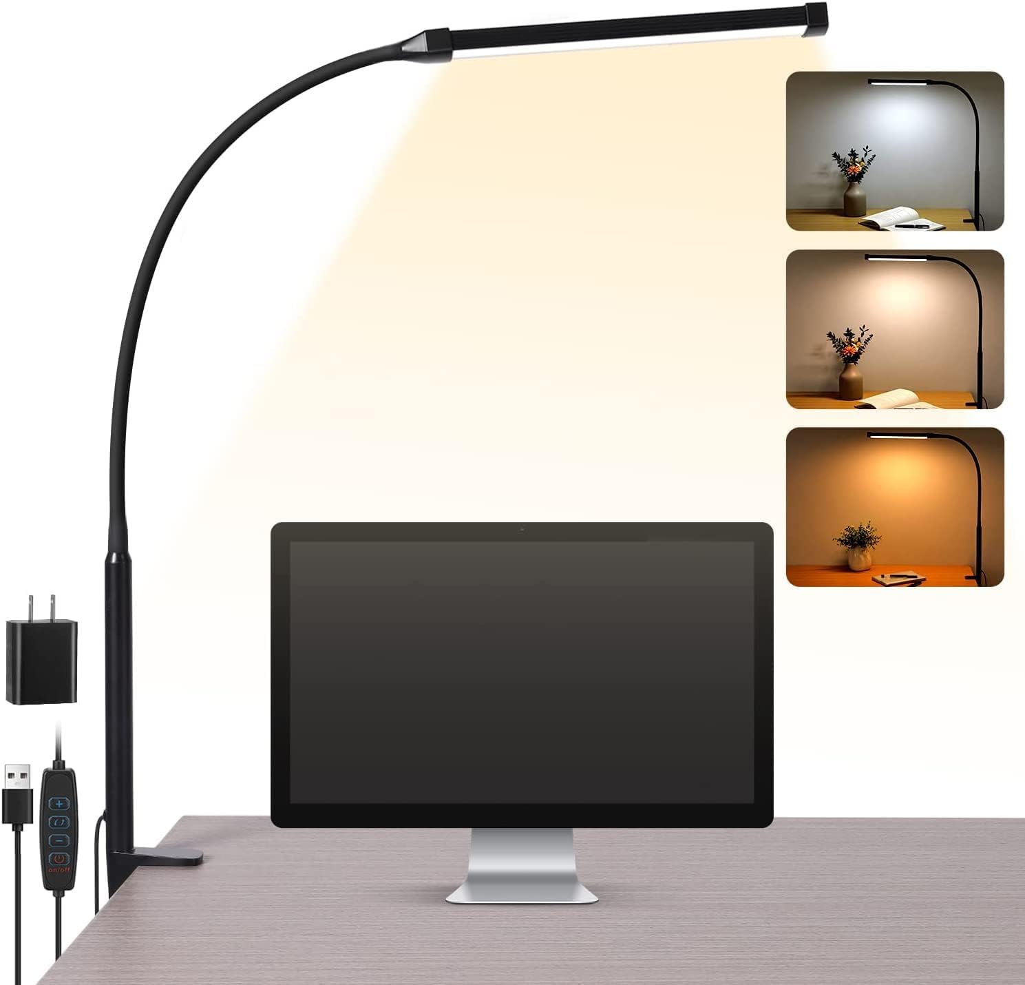 LED Desk lamp with Clamp, Eye-Caring Clip on Lights for Home Office, 3 Modes 10 Brightness, Long Flexible Gooseneck,Metal, Swing Arm Architect Task Table Lamps with USB Adapter, Black - Grand Goldman