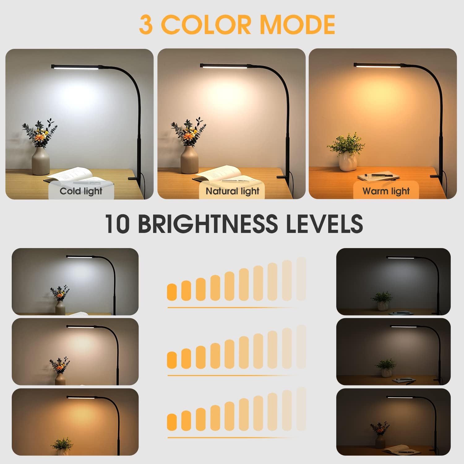 LED Desk lamp with Clamp, Eye-Caring Clip on Lights for Home Office, 3 Modes 10 Brightness, Long Flexible Gooseneck,Metal, Swing Arm Architect Task Table Lamps with USB Adapter, Black - Grand Goldman