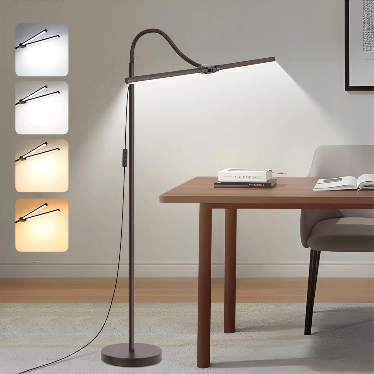 LED Floor Lamp, 15W/1800LM Bright Reading Floor Lamp for Office with Double Head, Adjustable Gooseneck Dimmable Modern Standing Light for Lash Extension Craft, Eye Caring Floor Lamps for Living Room - Grand Goldman