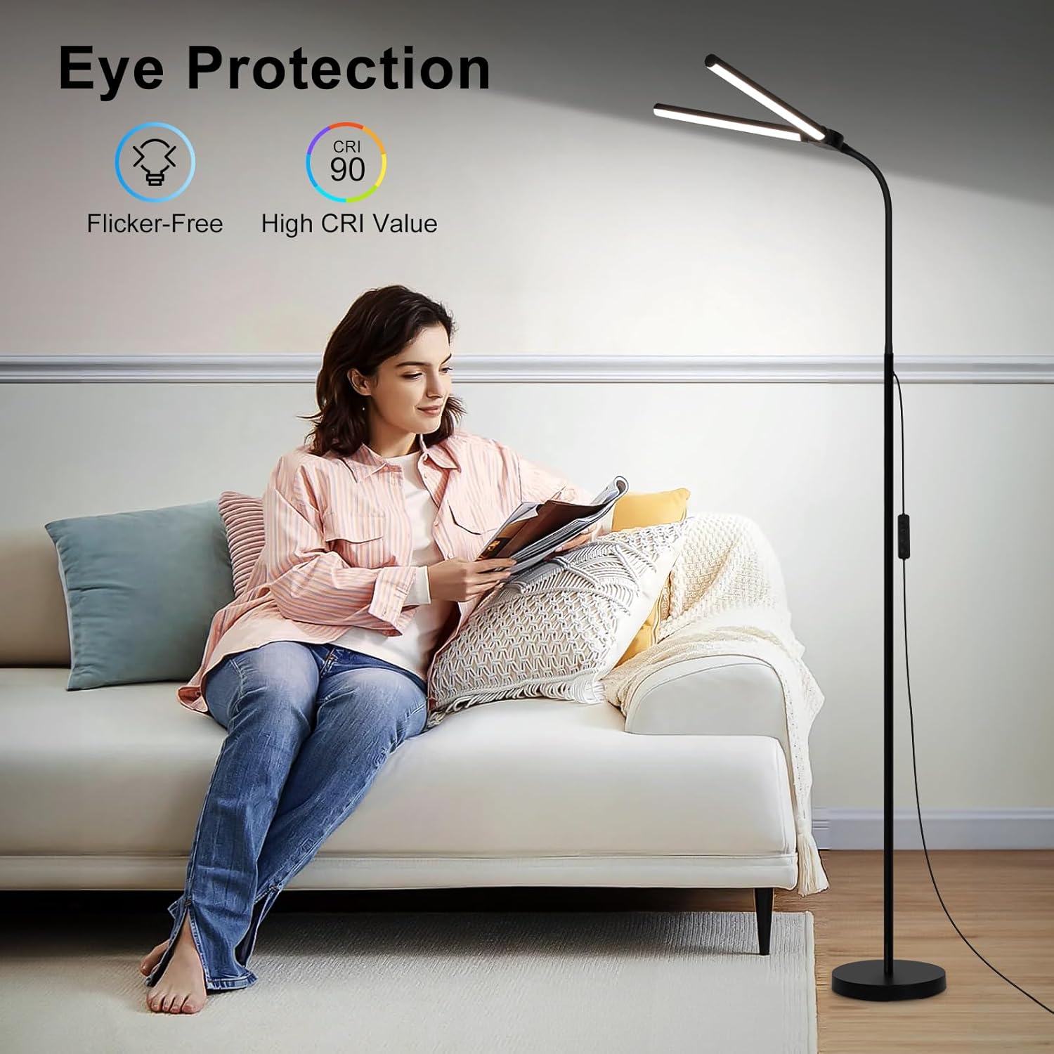 LED Floor Lamp, 15W/1800LM Bright Reading Floor Lamp for Office with Double Head, Adjustable Gooseneck Dimmable Modern Standing Light for Lash Extension Craft, Eye Caring Floor Lamps for Living Room - Grand Goldman