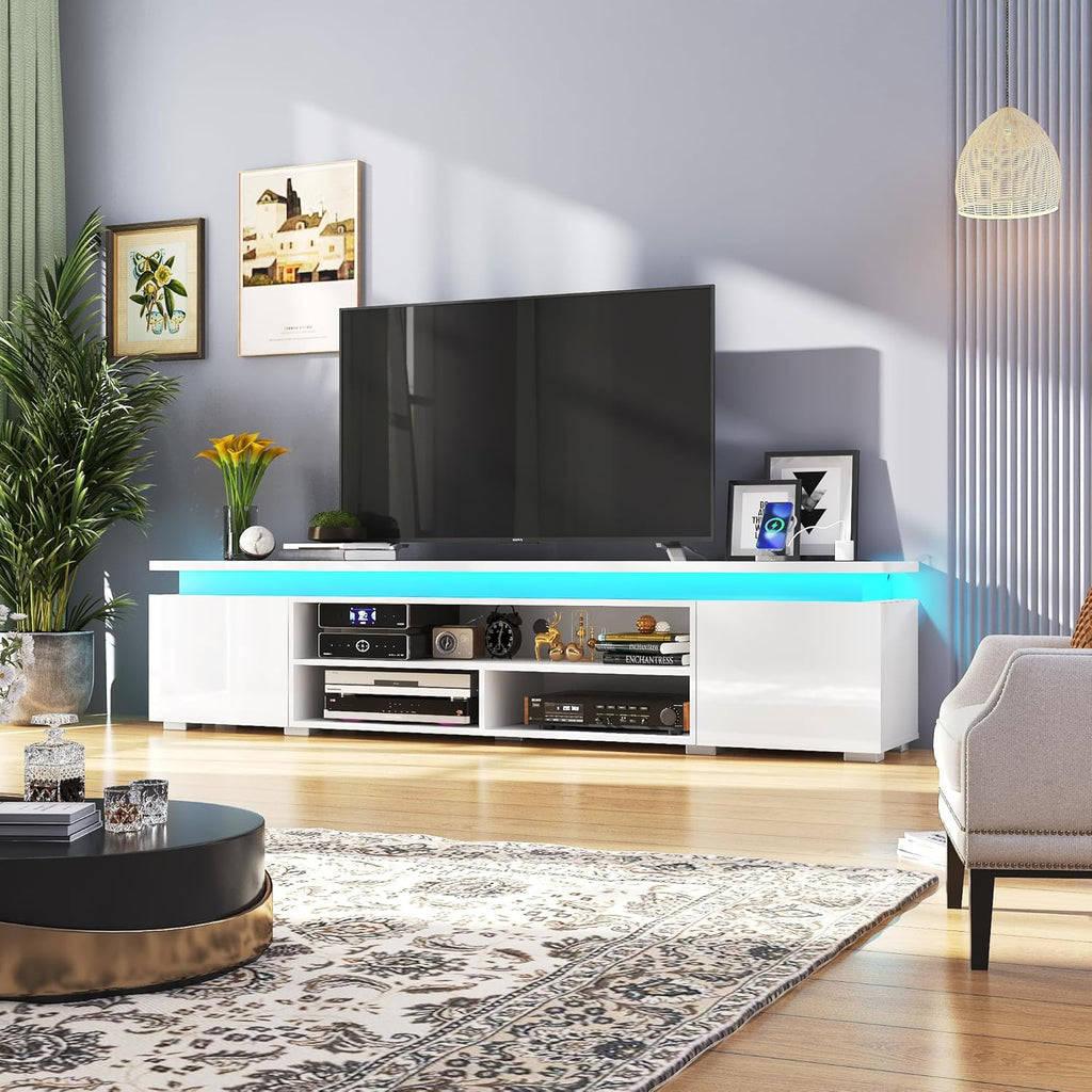 LED TV Stand for 85 Inch TV, Modern Gaming TV Stand with Power Outlet, High Gloss TV Console Entertainment Center with Storage and LED Lights for Living Room, Bedroom (74 Inch, White) - Grand Goldman