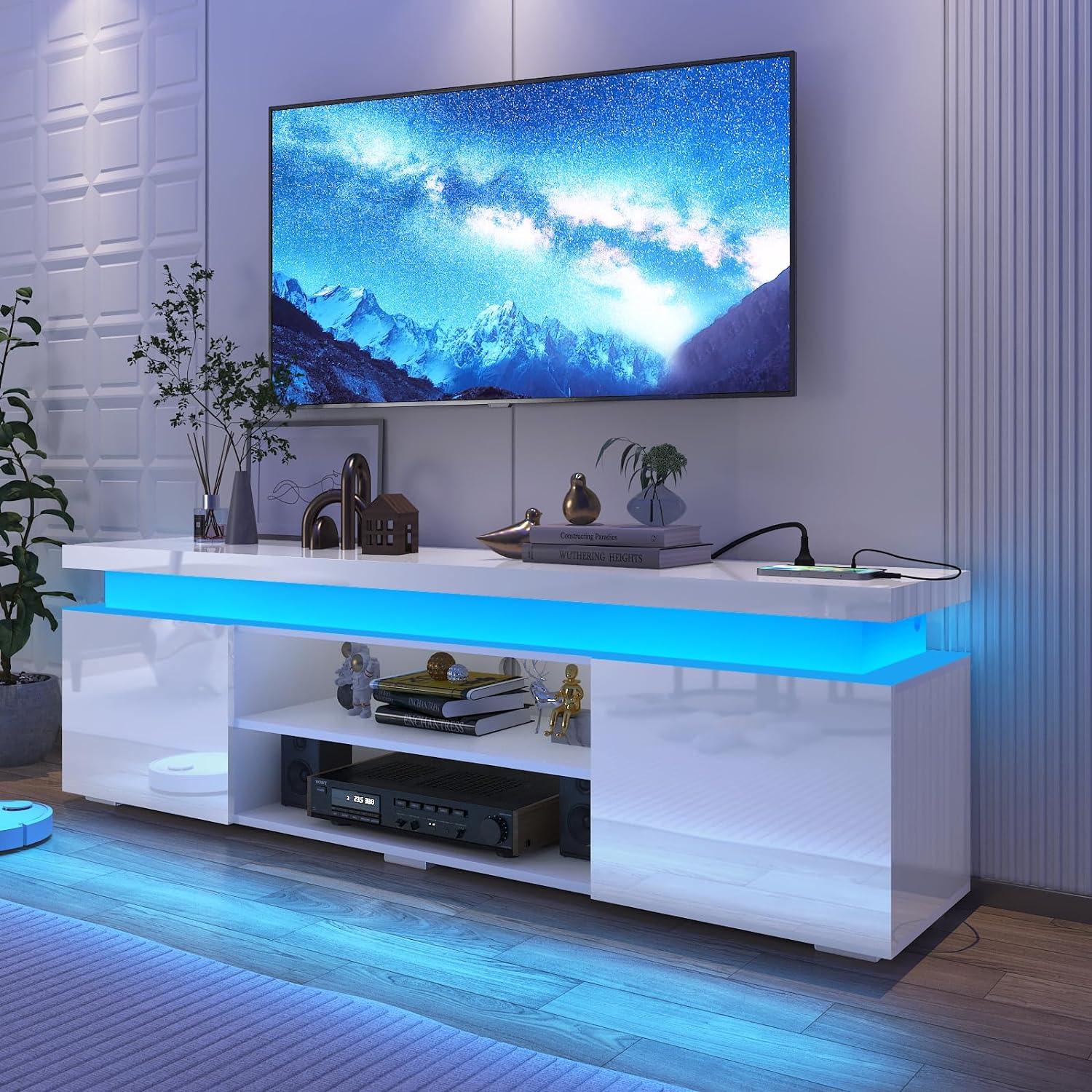 LED TV Stand for 85 Inch TV, Modern Gaming TV Stand with Power Outlet, High Gloss TV Console Entertainment Center with Storage and LED Lights for Living Room, Bedroom (74 Inch, White) - Grand Goldman