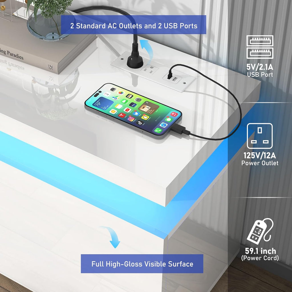 LED TV Stand for 85 Inch TV, Modern Gaming TV Stand with Power Outlet, High Gloss TV Console Entertainment Center with Storage and LED Lights for Living Room, Bedroom (74 Inch, White) - Grand Goldman