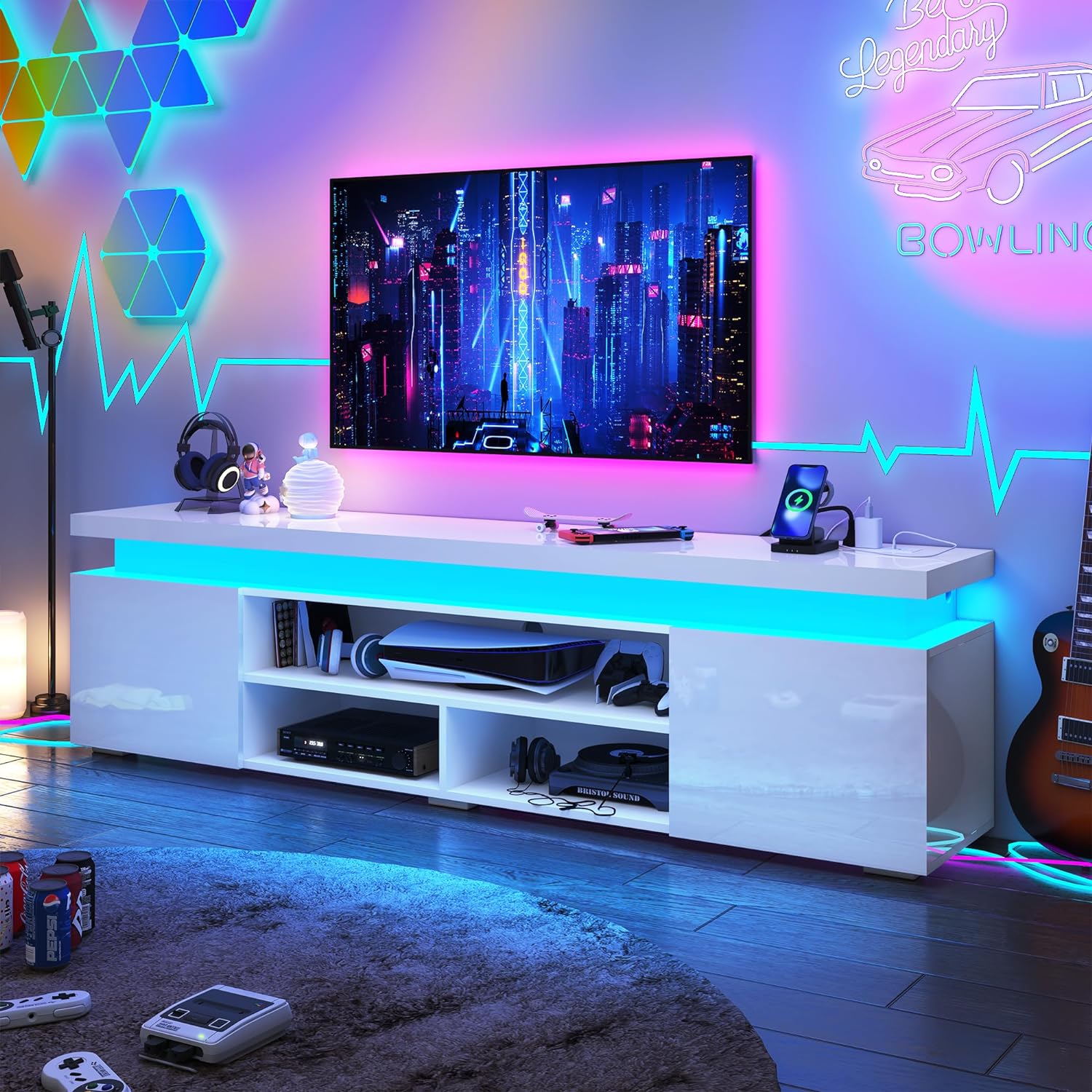 LED TV Stand for 85 Inch TV, Modern Gaming TV Stand with Power Outlet, High Gloss TV Console Entertainment Center with Storage and LED Lights for Living Room, Bedroom (74 Inch, White) - Grand Goldman