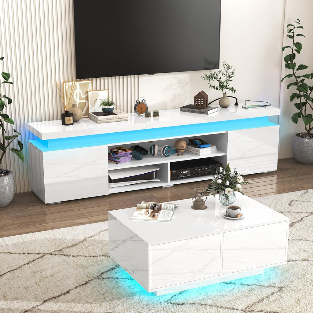 LED TV Stand for 85 Inch TV, Modern Gaming TV Stand with Power Outlet, High Gloss TV Console Entertainment Center with Storage and LED Lights for Living Room, Bedroom (74 Inch, White) - Grand Goldman