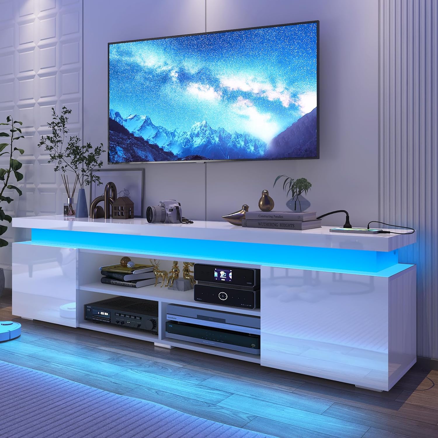 LED TV Stand for 85 Inch TV, Modern Gaming TV Stand with Power Outlet, High Gloss TV Console Entertainment Center with Storage and LED Lights for Living Room, Bedroom (74 Inch, White) - Grand Goldman