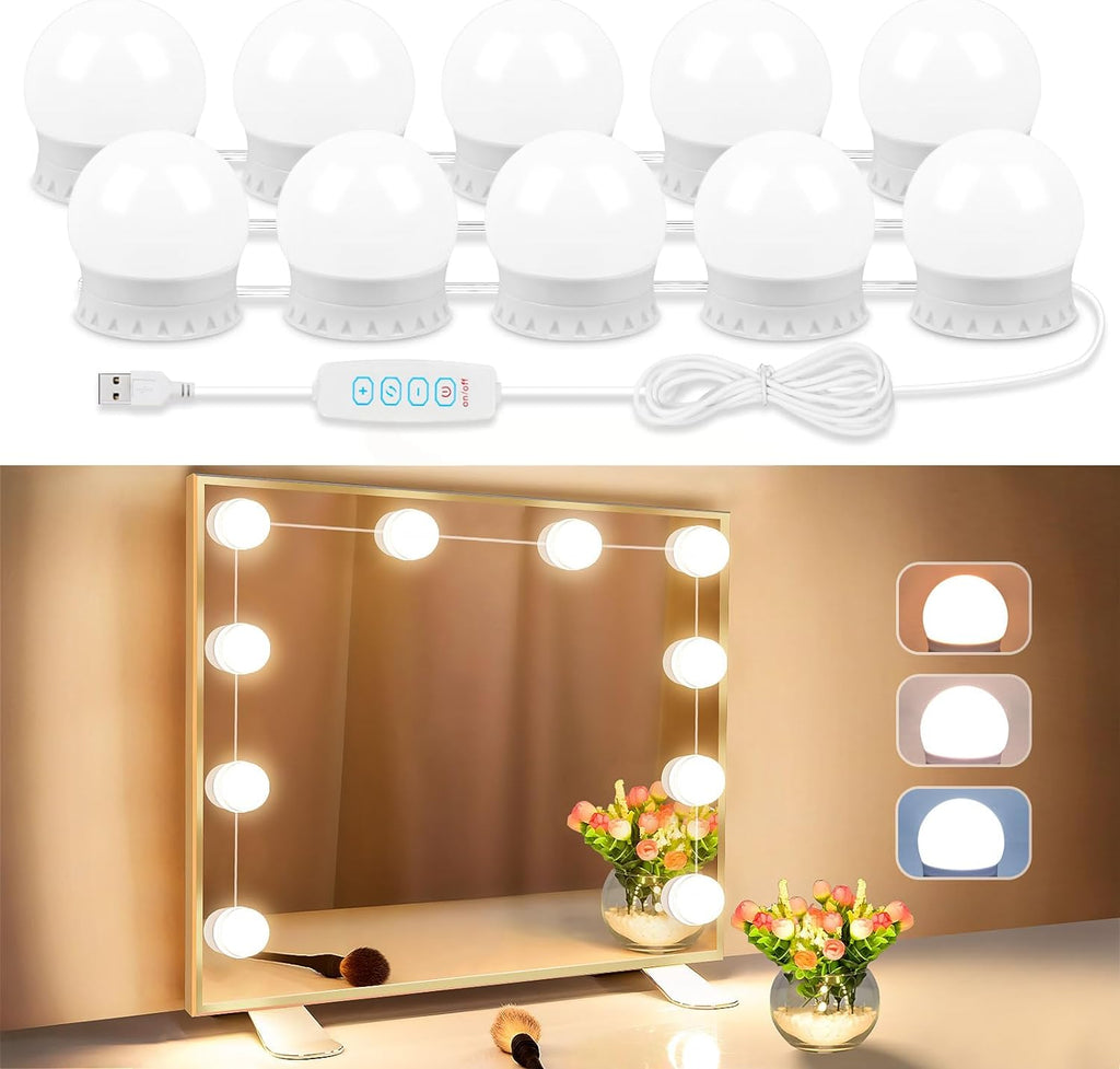 LED Vanity Lights for Mirror, Vanity Lights Stick on with 10 Dimmable Bulbs, 3000K 4000K 6500K & 10 Level Brightness Adjustable, USB Cable, Hollywood Mirror Lights for Makeup Dressing Room Bathroom - Grand Goldman
