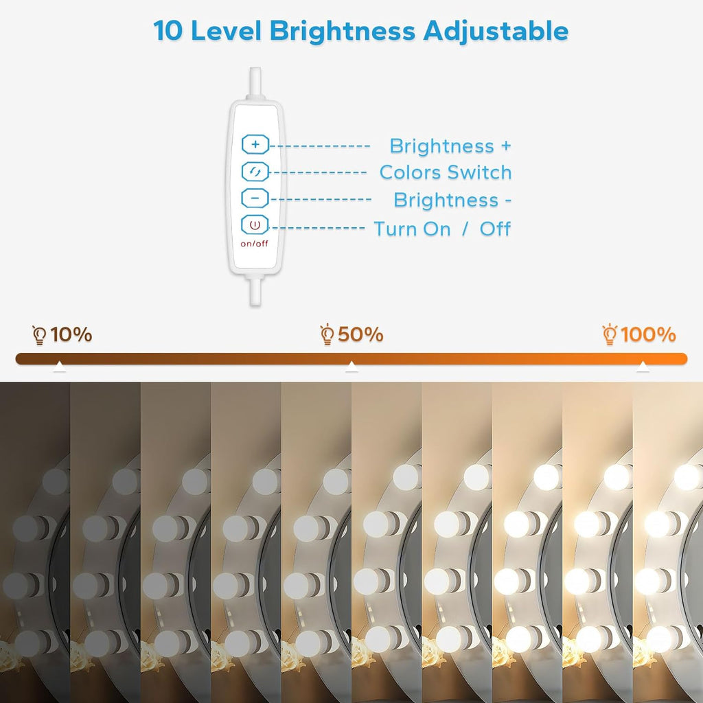 LED Vanity Lights for Mirror, Vanity Lights Stick on with 10 Dimmable Bulbs, 3000K 4000K 6500K & 10 Level Brightness Adjustable, USB Cable, Hollywood Mirror Lights for Makeup Dressing Room Bathroom - Grand Goldman