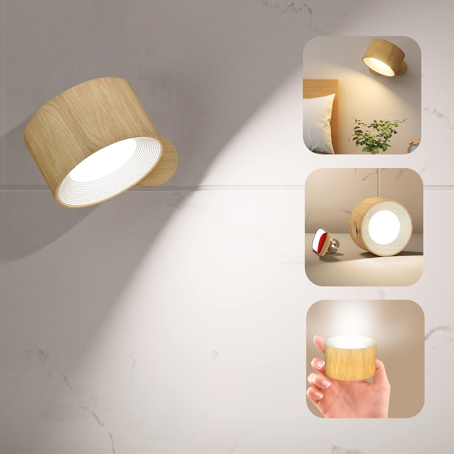 LED Wall Sconce, Wall Mounted Lamp with Rechargeable Battery Operated USB Port 3 Color Temperature & 3 Brightness Level 360°Rotate Magnetic Ball, Cordless Light for Reading Bedside-Wood - Grand Goldman