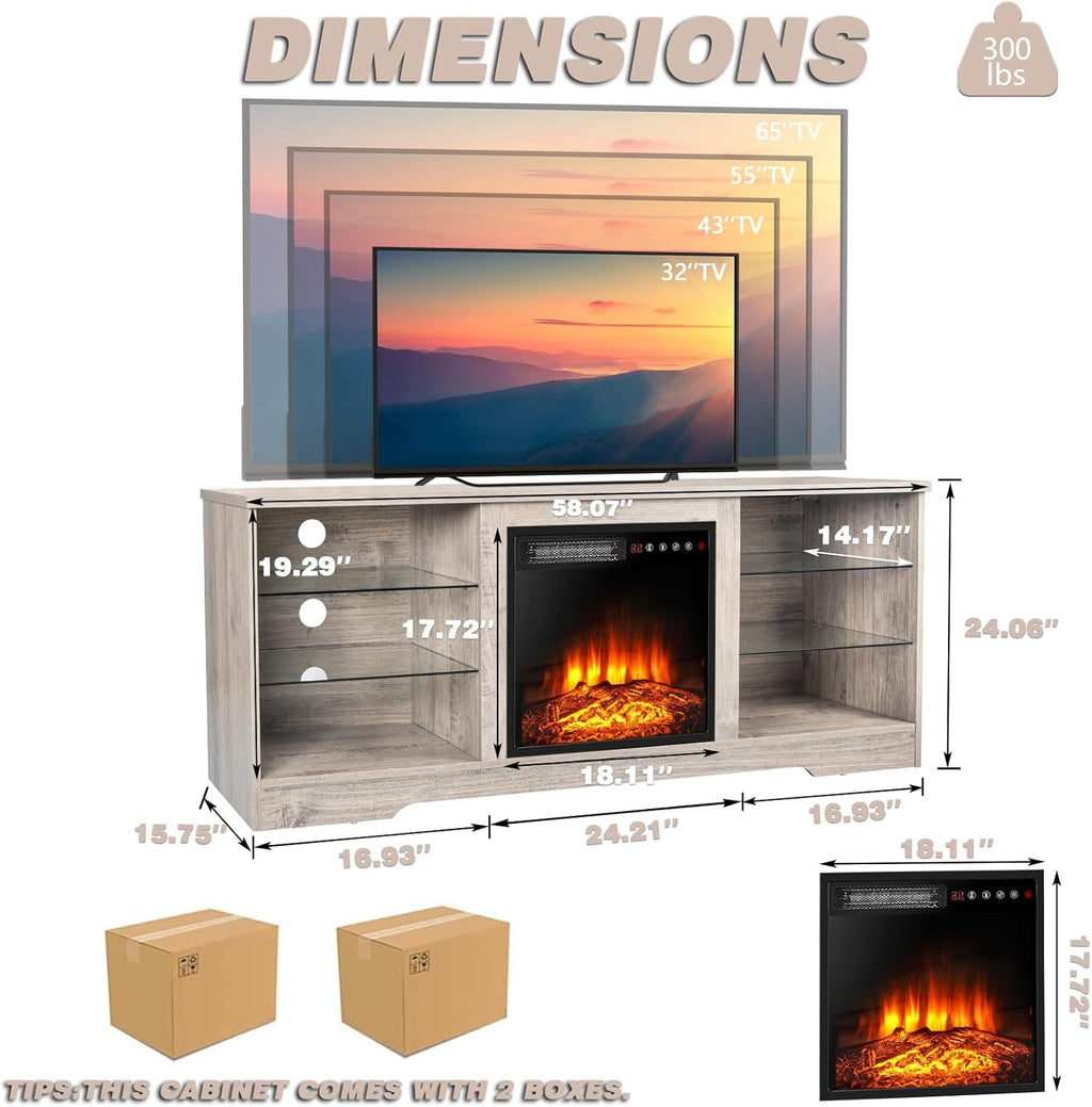 LEMBERI 58 Inches Fireplace TV Stand for TVs up to 65 Inches Console with 18'' Electric Fireplace & Remote, Wooden Modern Entertainment Center for Living Room with LED Light Glass Shelves (Grey) - Grand Goldman
