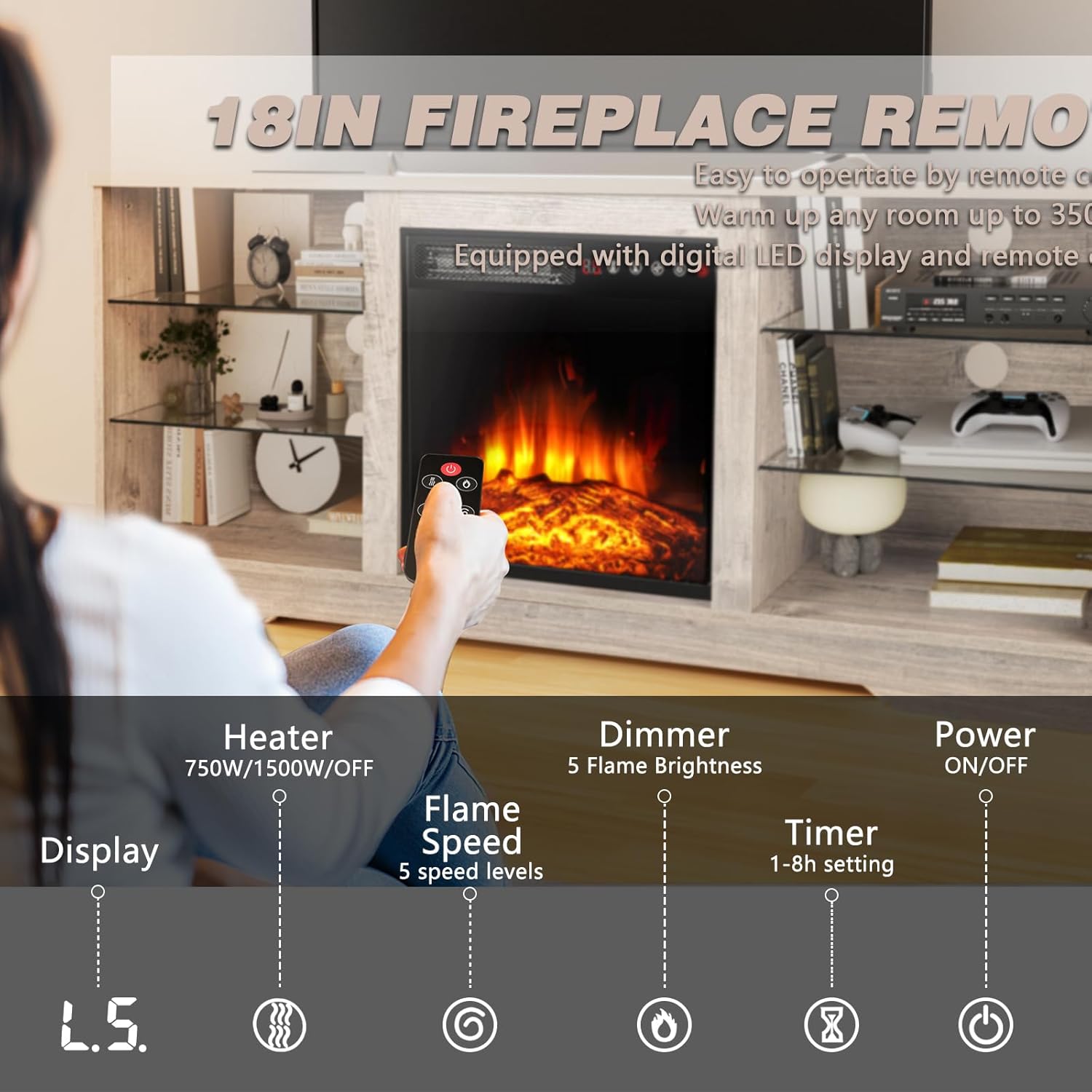 LEMBERI 58 Inches Fireplace TV Stand for TVs up to 65 Inches Console with 18'' Electric Fireplace & Remote, Wooden Modern Entertainment Center for Living Room with LED Light Glass Shelves (Grey) - Grand Goldman