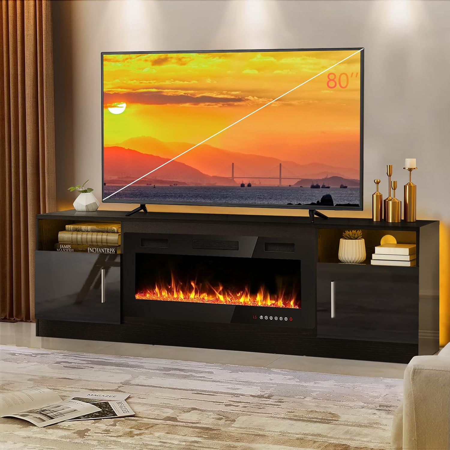 LEMBERI 58 Inches Fireplace TV Stand for TVs up to 65 Inches Console with 18'' Electric Fireplace & Remote, Wooden Modern Entertainment Center for Living Room with LED Light Glass Shelves (Grey) - Grand Goldman