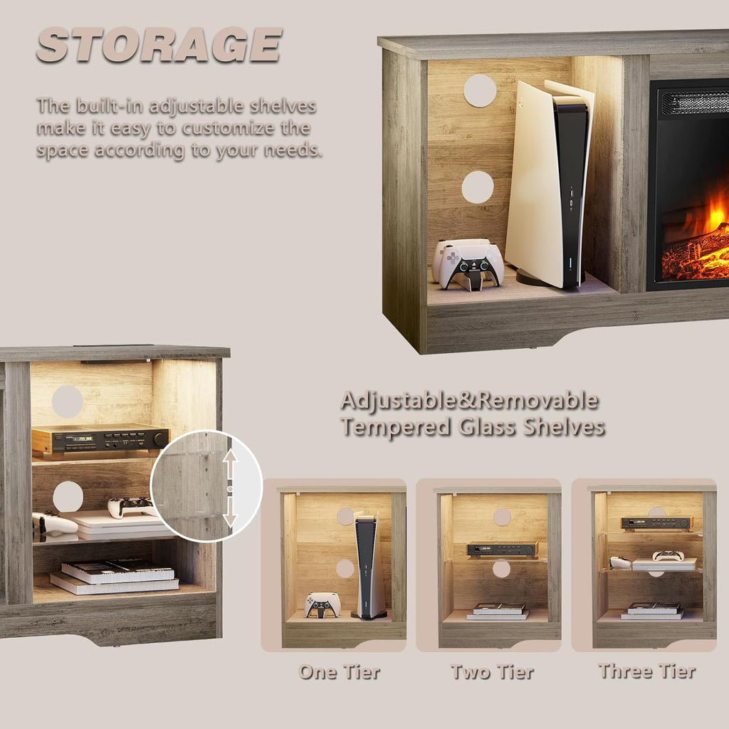 LEMBERI 58 Inches Fireplace TV Stand for TVs up to 65 Inches Console with 18'' Electric Fireplace & Remote, Wooden Modern Entertainment Center for Living Room with LED Light Glass Shelves (Grey) - Grand Goldman