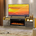 LEMBERI 58 Inches Fireplace TV Stand for TVs up to 65 Inches Console with 18'' Electric Fireplace & Remote, Wooden Modern Entertainment Center for Living Room with LED Light Glass Shelves (Grey) - Grand Goldman