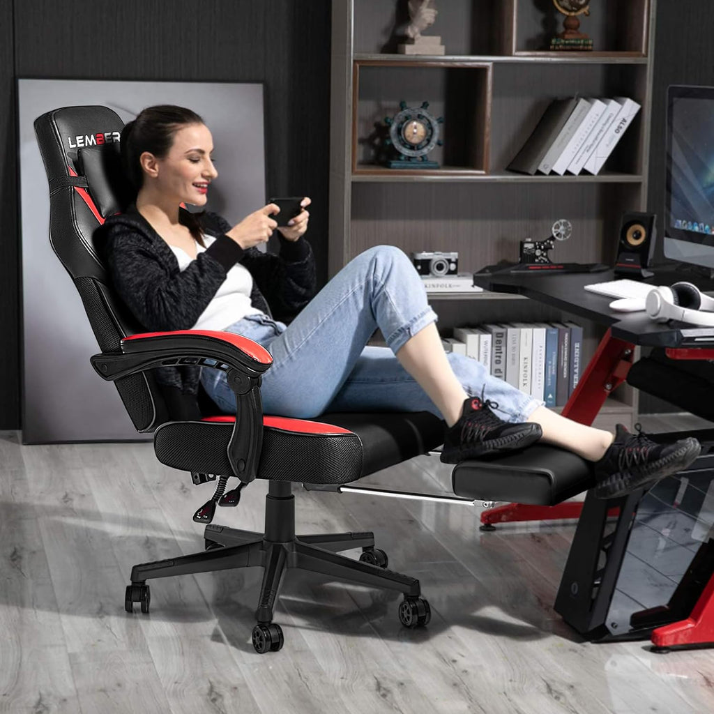 LEMBERI Video Game Chairs with footrest, Big and Tall Gamer Chair for Adults, 400lb Capacity, Racing Style Computer Chair with Headrest and Lumbar Support - Grand Goldman