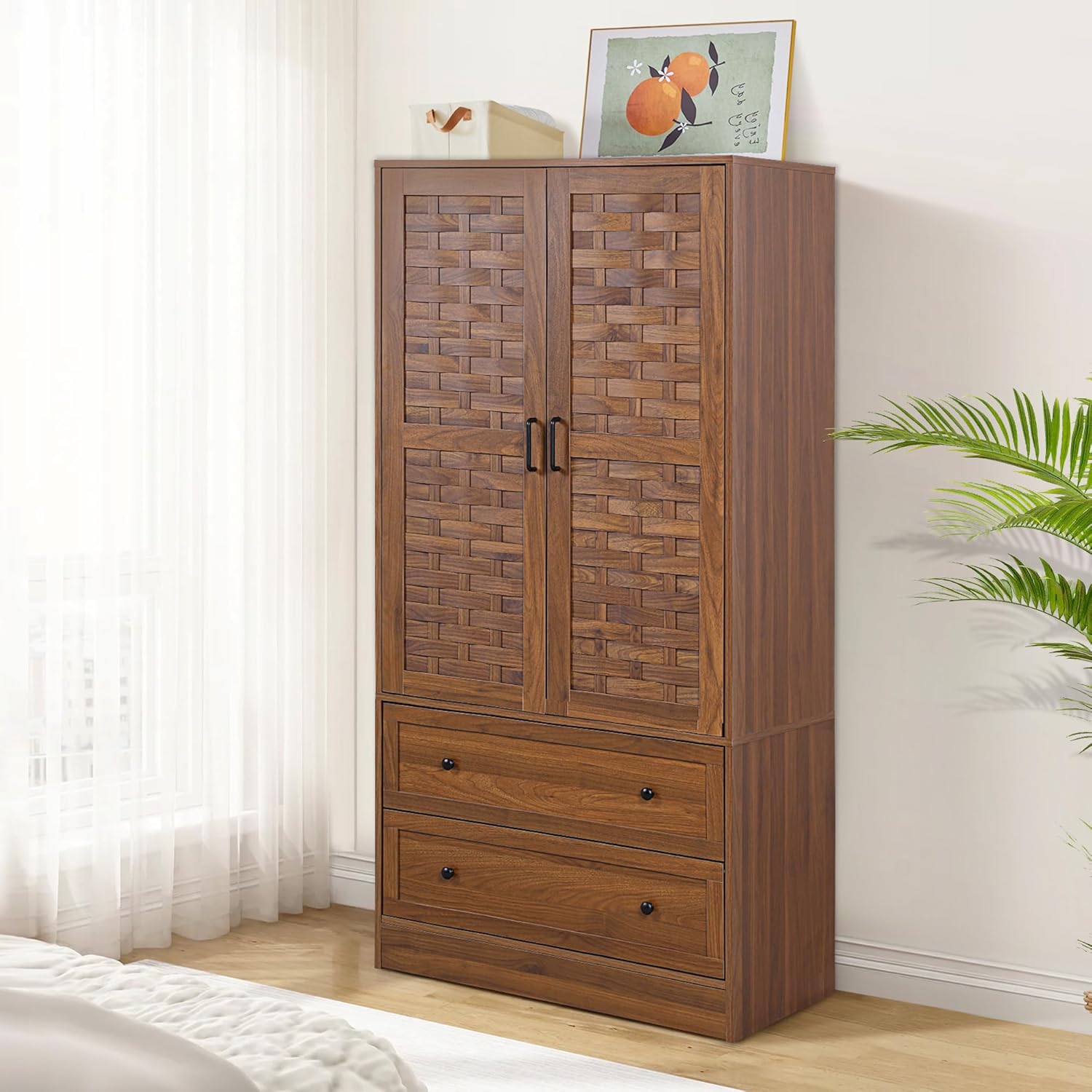 LEVNARY Armoire Wardrobe Closet with 2 Woven Doors, Wardrobe Cabinet with Storage Drawers and Hanging Rail, Freestanding Closets for Bedroom (Walnut) - Grand Goldman