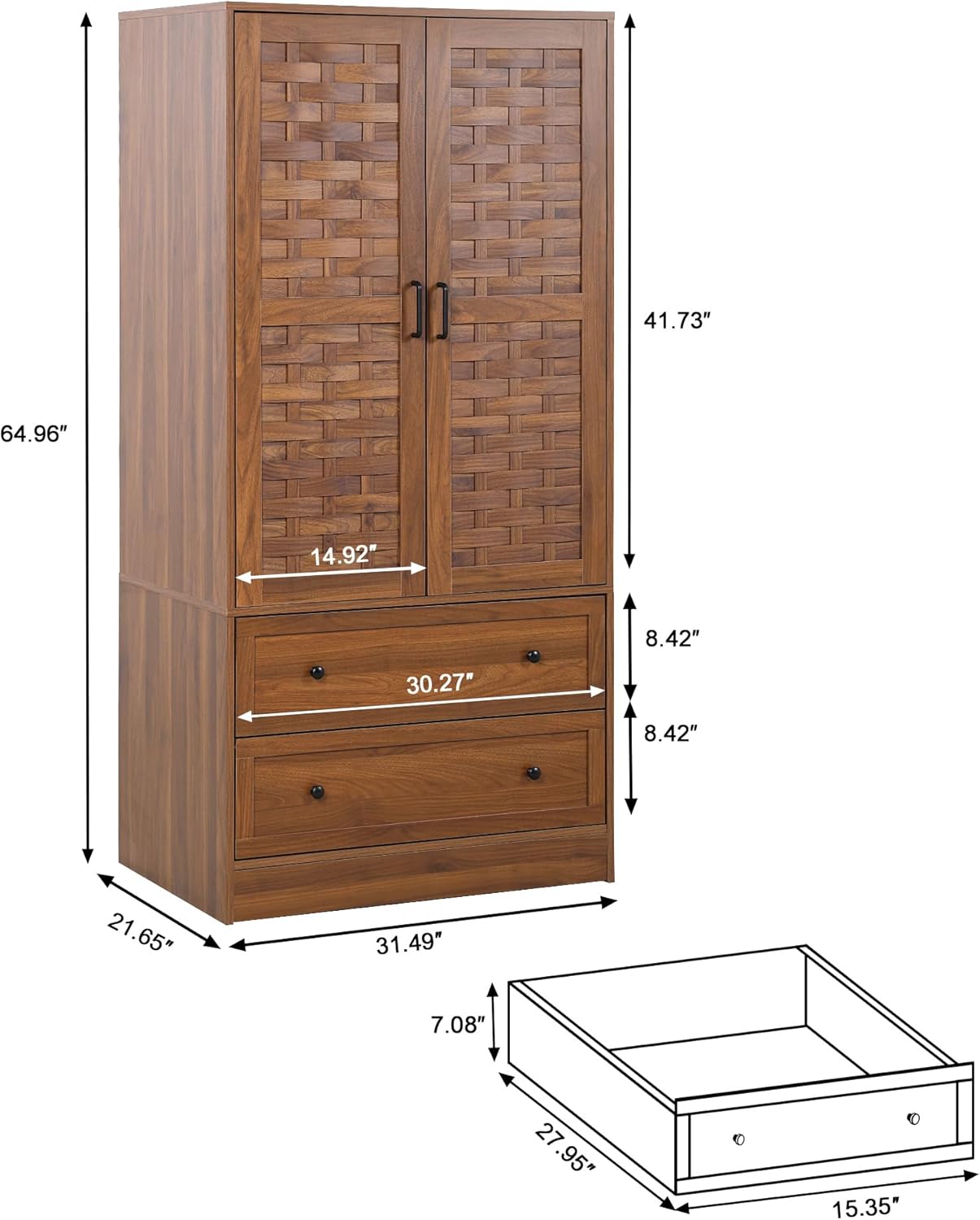 LEVNARY Armoire Wardrobe Closet with 2 Woven Doors, Wardrobe Cabinet with Storage Drawers and Hanging Rail, Freestanding Closets for Bedroom (Walnut) - Grand Goldman