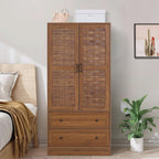 LEVNARY Armoire Wardrobe Closet with 2 Woven Doors, Wardrobe Cabinet with Storage Drawers and Hanging Rail, Freestanding Closets for Bedroom (Walnut) - Grand Goldman