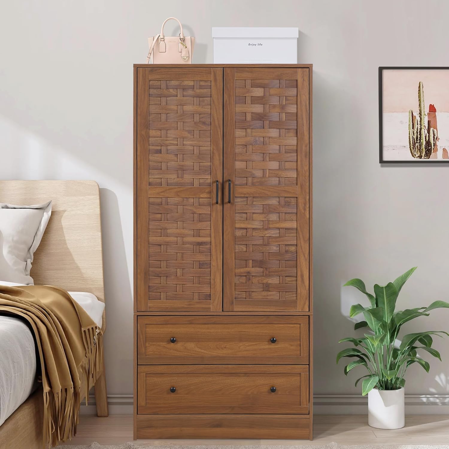 LEVNARY Armoire Wardrobe Closet with 2 Woven Doors, Wardrobe Cabinet with Storage Drawers and Hanging Rail, Freestanding Closets for Bedroom (Walnut) - Grand Goldman