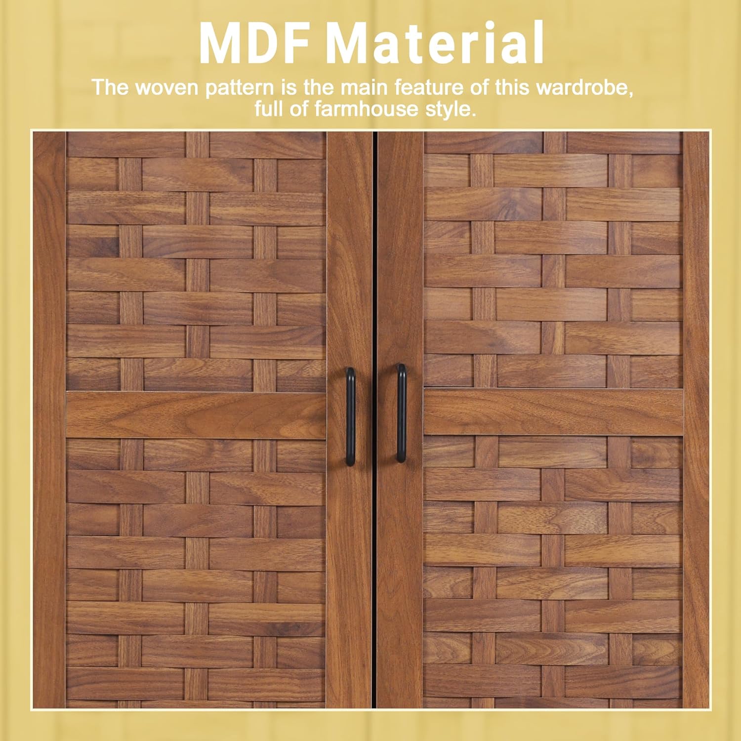 LEVNARY Armoire Wardrobe Closet with 2 Woven Doors, Wardrobe Cabinet with Storage Drawers and Hanging Rail, Freestanding Closets for Bedroom (Walnut) - Grand Goldman