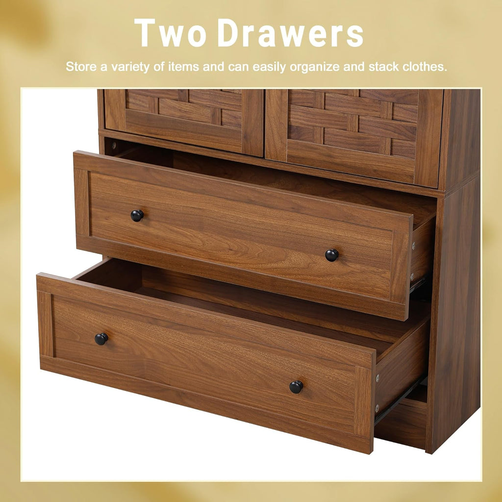 LEVNARY Armoire Wardrobe Closet with 2 Woven Doors, Wardrobe Cabinet with Storage Drawers and Hanging Rail, Freestanding Closets for Bedroom (Walnut) - Grand Goldman