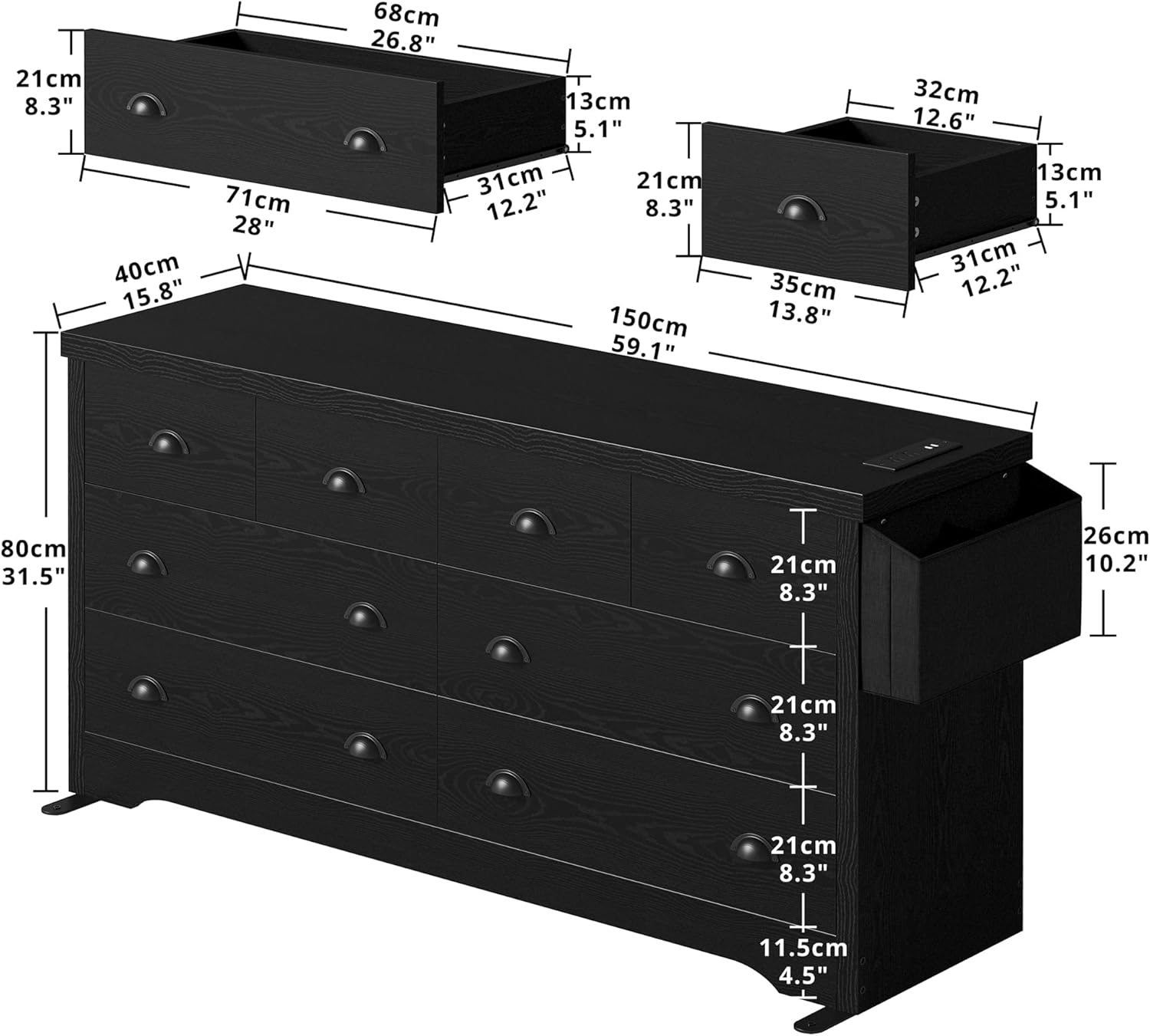 LIKIMIO Dresser 8 Drawer with Charging Station and Storage Bag, Wood Storage Chest of Drawers for Bedroom Living Room Hallway Entryway, Black - Grand Goldman