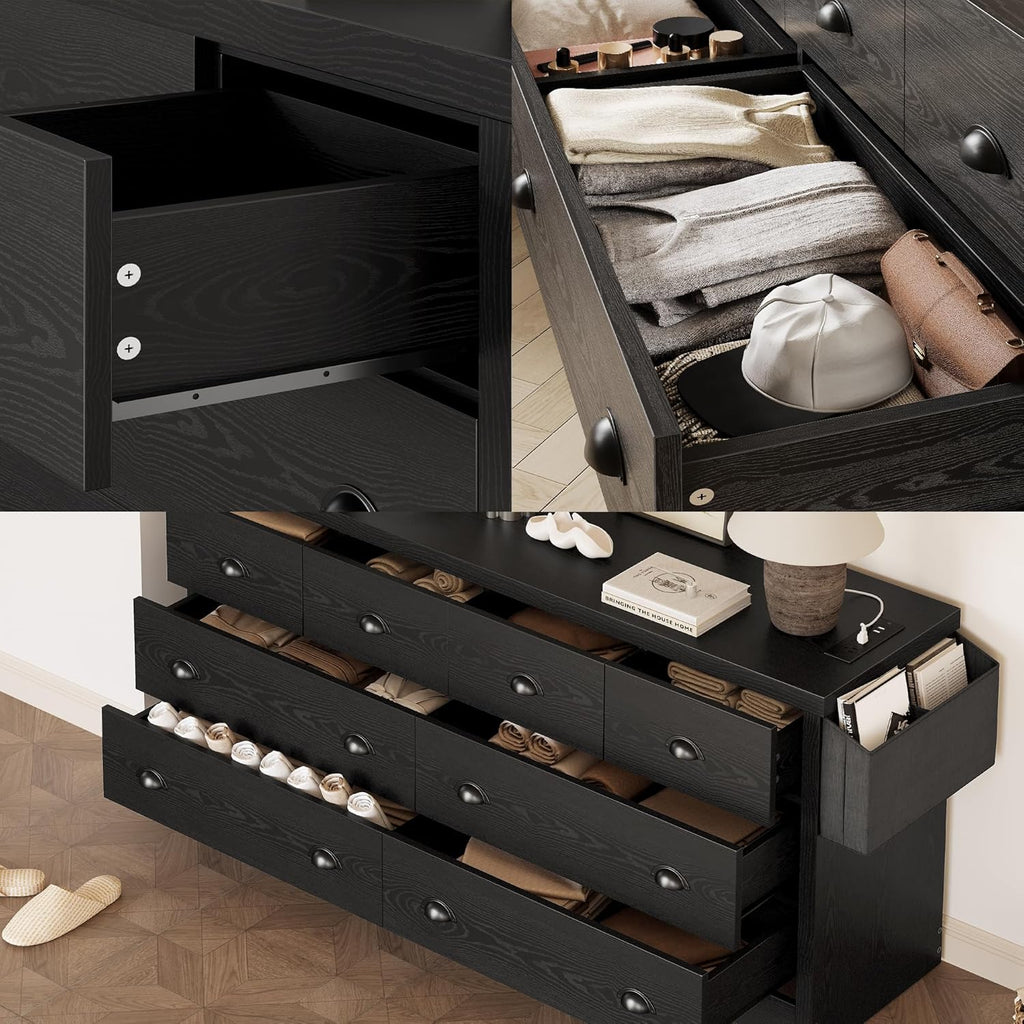 LIKIMIO Dresser 8 Drawer with Charging Station and Storage Bag, Wood Storage Chest of Drawers for Bedroom Living Room Hallway Entryway, Black - Grand Goldman