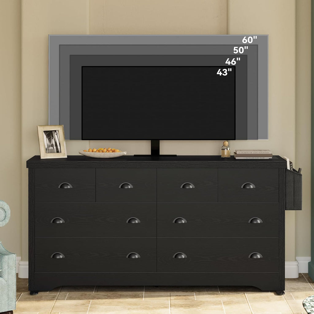 LIKIMIO Dresser 8 Drawer with Charging Station and Storage Bag, Wood Storage Chest of Drawers for Bedroom Living Room Hallway Entryway, Black - Grand Goldman
