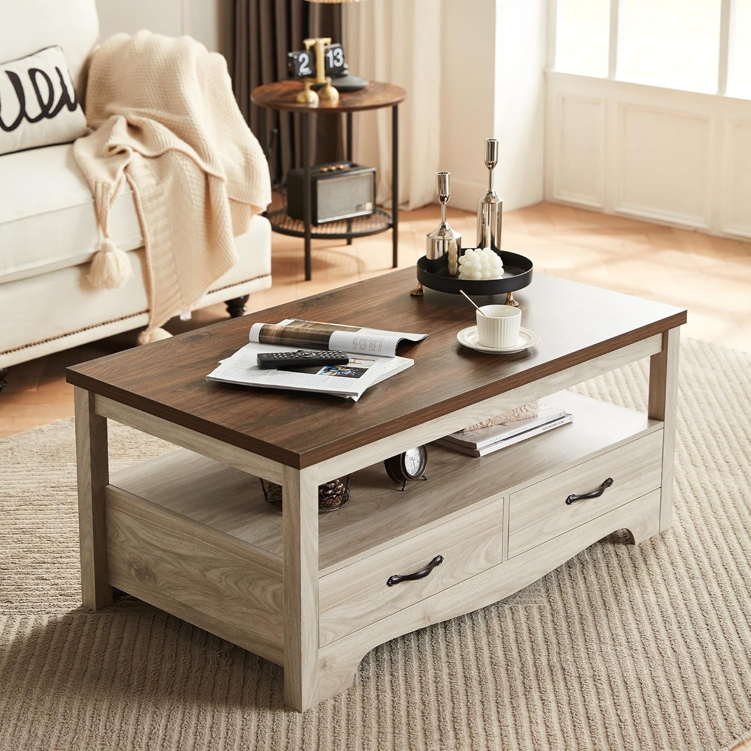LINSY HOME Farmhouse Coffee Table with Storage, Wood Coffee Table for Living Room, Open Display Area and Storage Drawers with Metal Handles, Chic Style with Curved Base. Oak and Brown - Grand Goldman