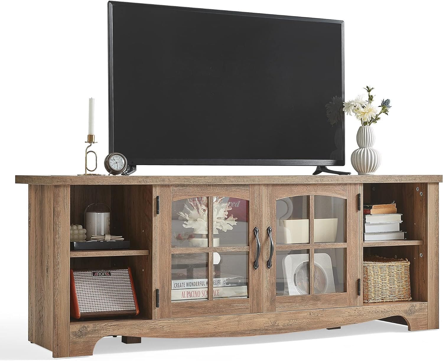 LINSY HOME Farmhouse TV Stand for 65 Inch TV, Wood Entertainment Center with Glass Door Storage Cabinet & Adjustable Shelves, Large Sturdy TV Console Table for Living Room Bedroom - Grand Goldman