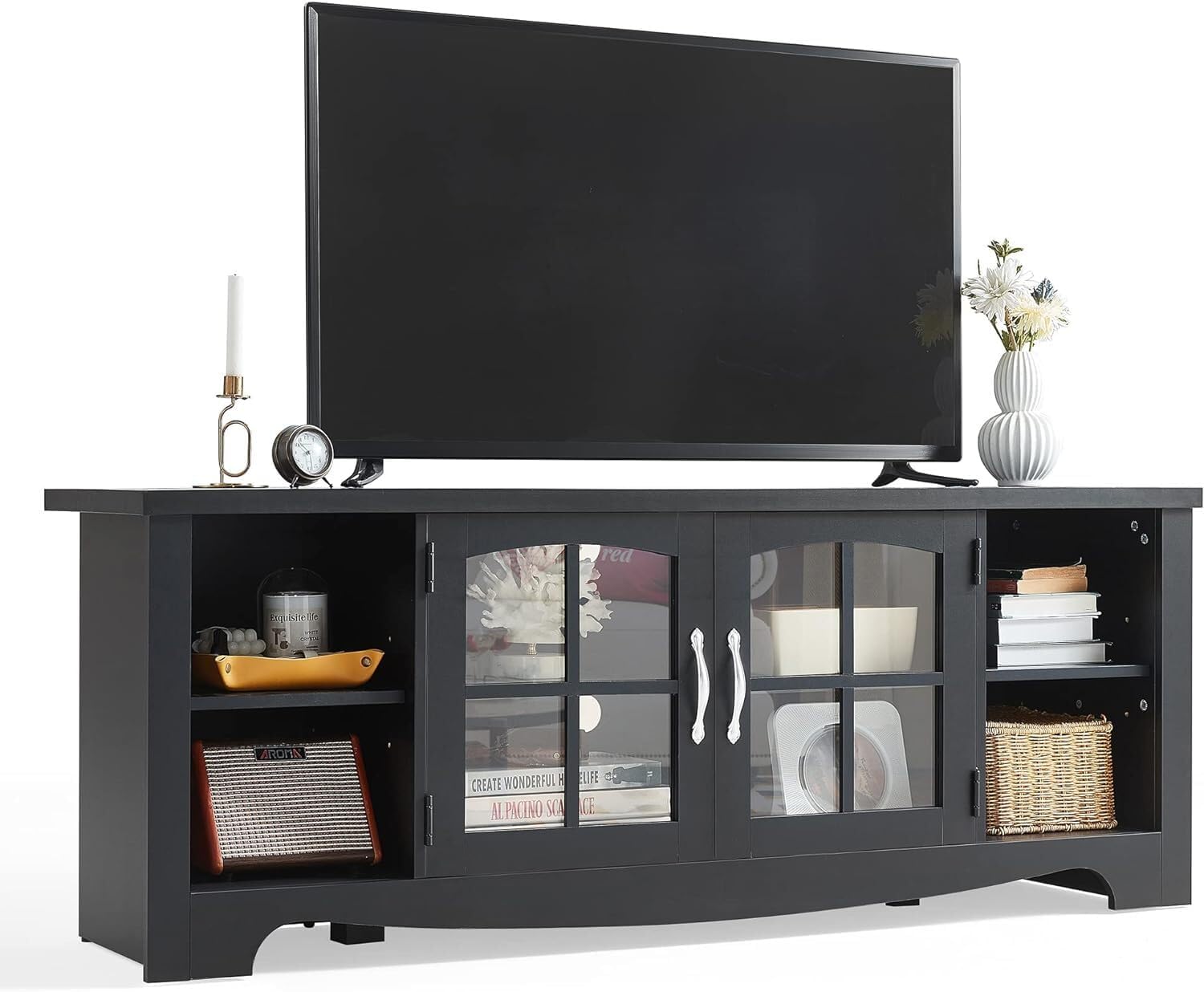LINSY HOME Farmhouse TV Stand for 65 Inch TV, Wood Entertainment Center with Glass Door Storage Cabinet & Adjustable Shelves, Large Sturdy TV Console Table for Living Room Bedroom - Grand Goldman
