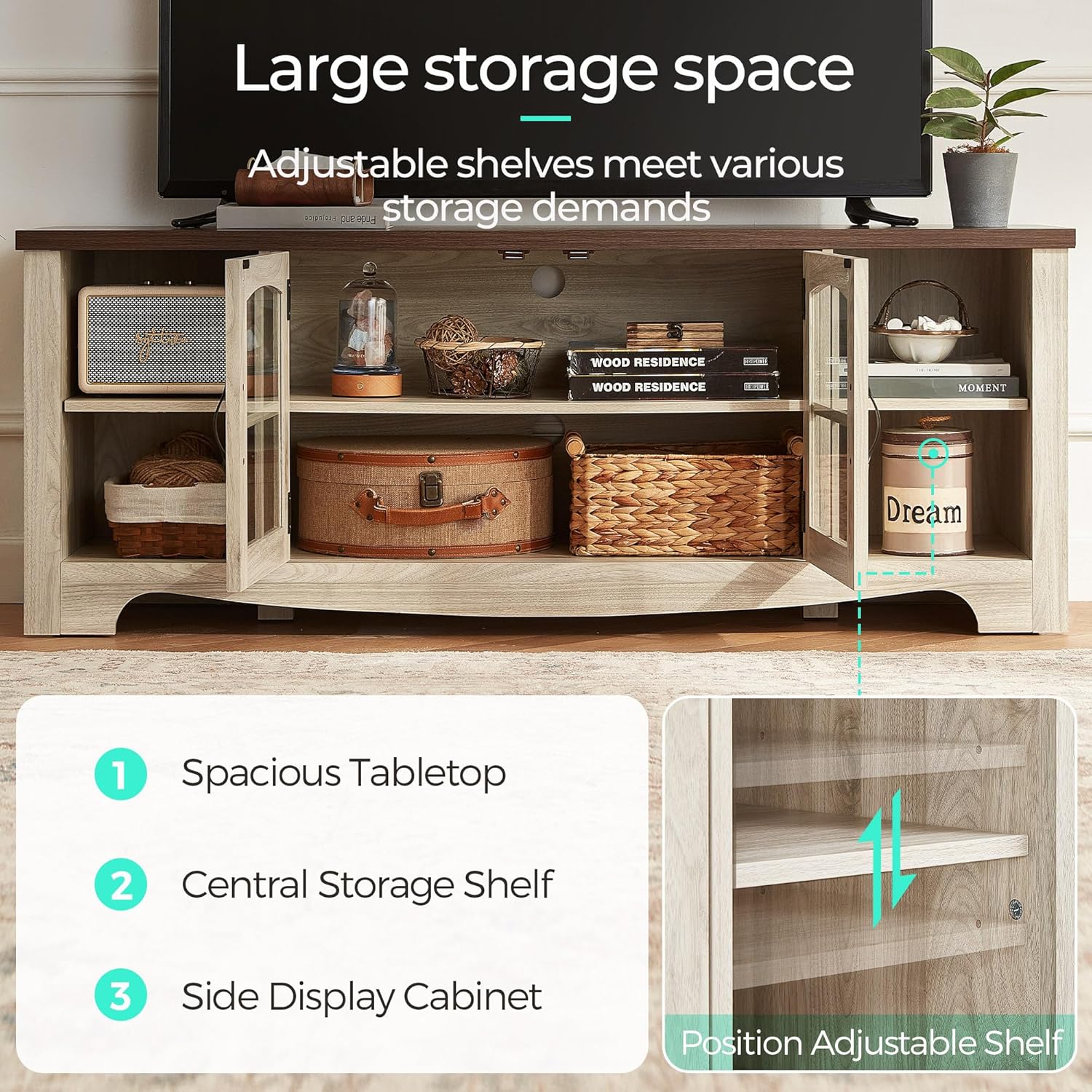 LINSY HOME Farmhouse TV Stand for 65 Inch TV, Wood Entertainment Center with Glass Door Storage Cabinet & Adjustable Shelves, Large Sturdy TV Console Table for Living Room Bedroom - Grand Goldman