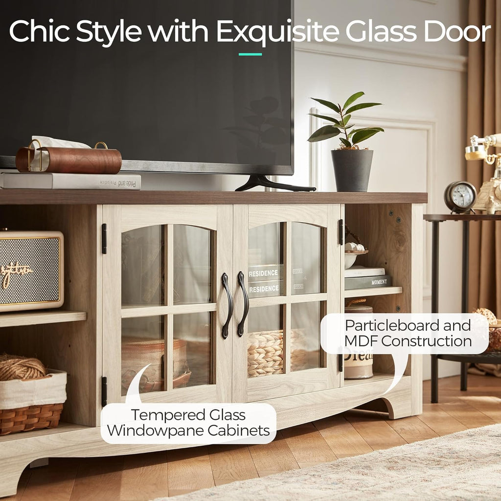 LINSY HOME Farmhouse TV Stand for 65 Inch TV, Wood Entertainment Center with Glass Door Storage Cabinet & Adjustable Shelves, Large Sturdy TV Console Table for Living Room Bedroom - Grand Goldman