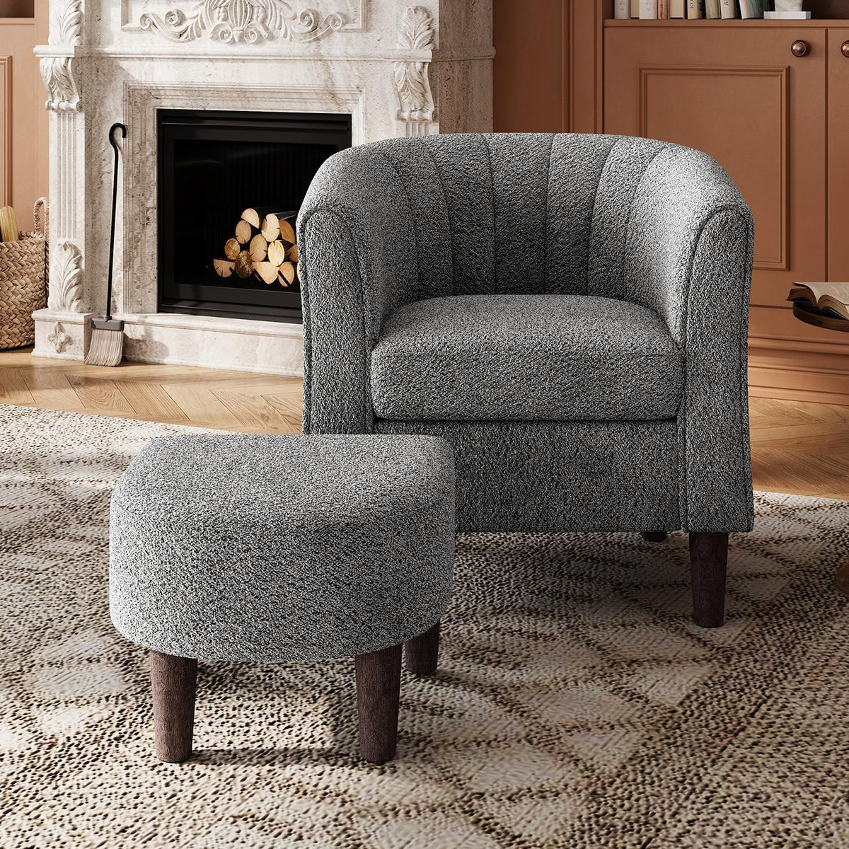 LINSY Velvet Accent Chair, Barrel Chair with Ottoman, Modern Comfy Reading Chair Armchair for Living Room Study Room Office, Yellow - Grand Goldman