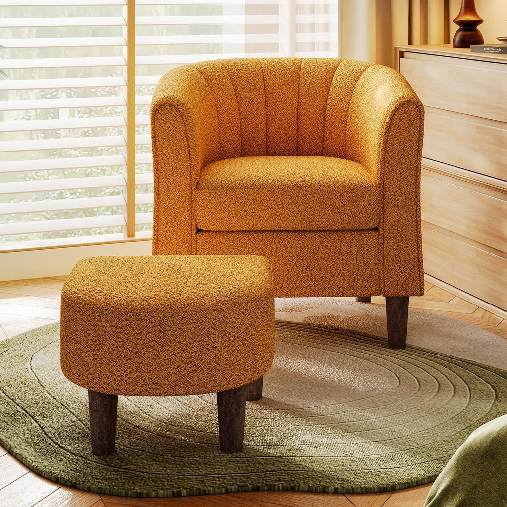 LINSY Velvet Accent Chair, Barrel Chair with Ottoman, Modern Comfy Reading Chair Armchair for Living Room Study Room Office, Yellow - Grand Goldman