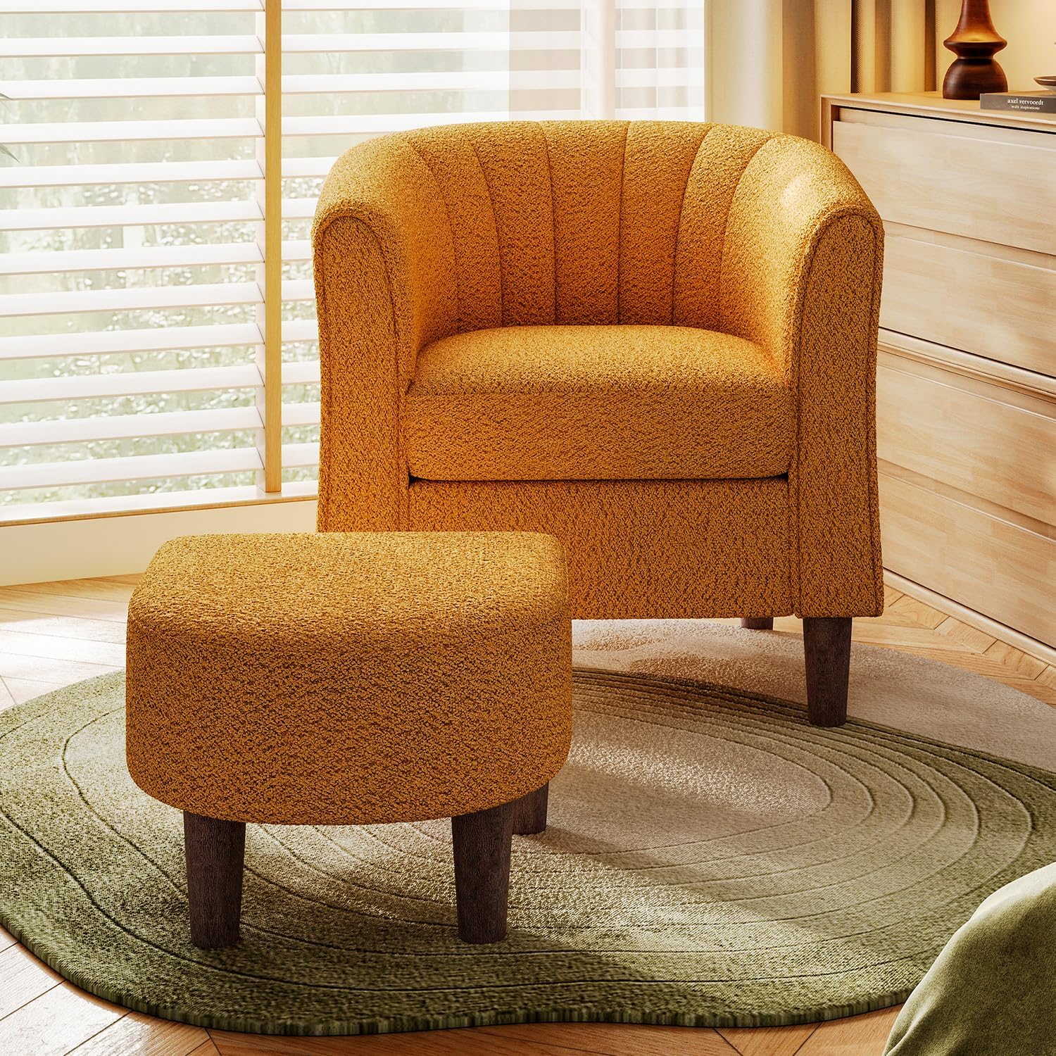 LINSY Velvet Accent Chair, Barrel Chair with Ottoman, Modern Comfy Reading Chair Armchair for Living Room Study Room Office, Yellow - Grand Goldman
