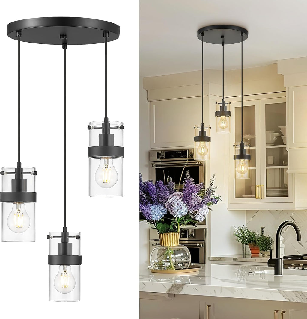 LMS 2-Pack Modern Matte Black Pendant Light, Adjustable Hanging Pendant Lighting with Hammered Glass, Tiltable Pendant Lighting for Kitchen Island, Bathroom, Bedroom, LMS-201 - Grand Goldman