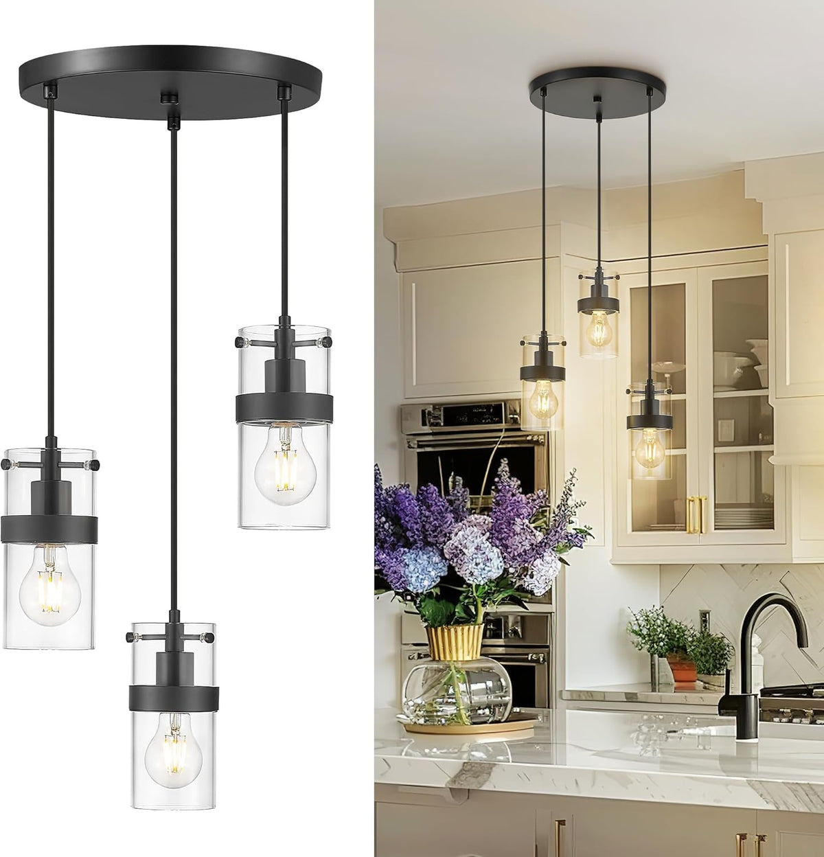 LMS 2-Pack Modern Matte Black Pendant Light, Adjustable Hanging Pendant Lighting with Hammered Glass, Tiltable Pendant Lighting for Kitchen Island, Bathroom, Bedroom, LMS-201 - Grand Goldman