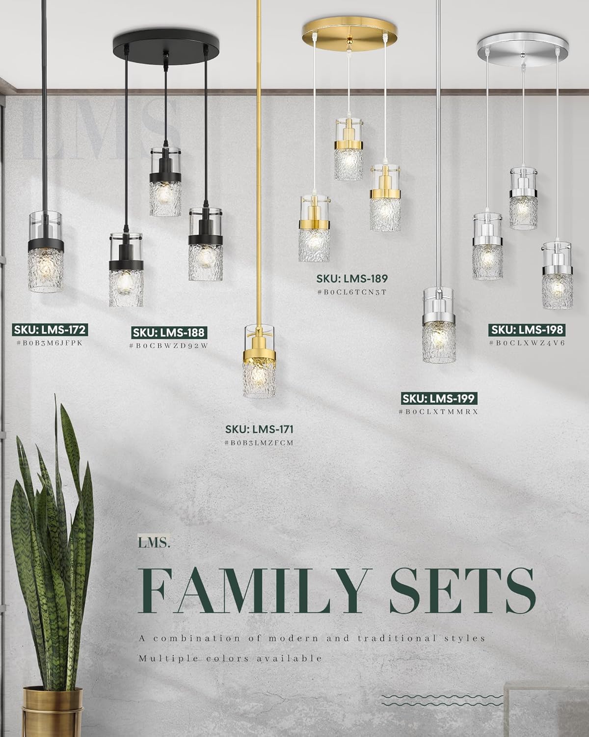 LMS 2-Pack Modern Matte Black Pendant Light, Adjustable Hanging Pendant Lighting with Hammered Glass, Tiltable Pendant Lighting for Kitchen Island, Bathroom, Bedroom, LMS-201 - Grand Goldman