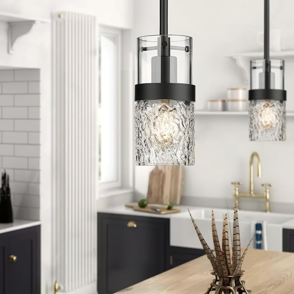 LMS 2-Pack Modern Matte Black Pendant Light, Adjustable Hanging Pendant Lighting with Hammered Glass, Tiltable Pendant Lighting for Kitchen Island, Bathroom, Bedroom, LMS-201 - Grand Goldman