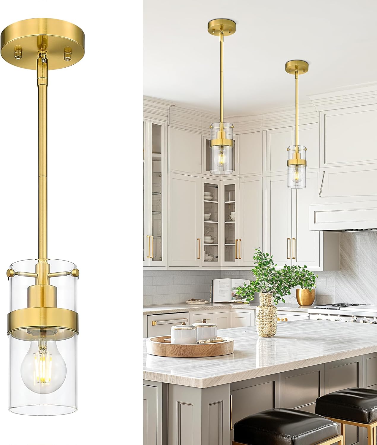 LMS 2-Pack Modern Matte Black Pendant Light, Adjustable Hanging Pendant Lighting with Hammered Glass, Tiltable Pendant Lighting for Kitchen Island, Bathroom, Bedroom, LMS-201 - Grand Goldman