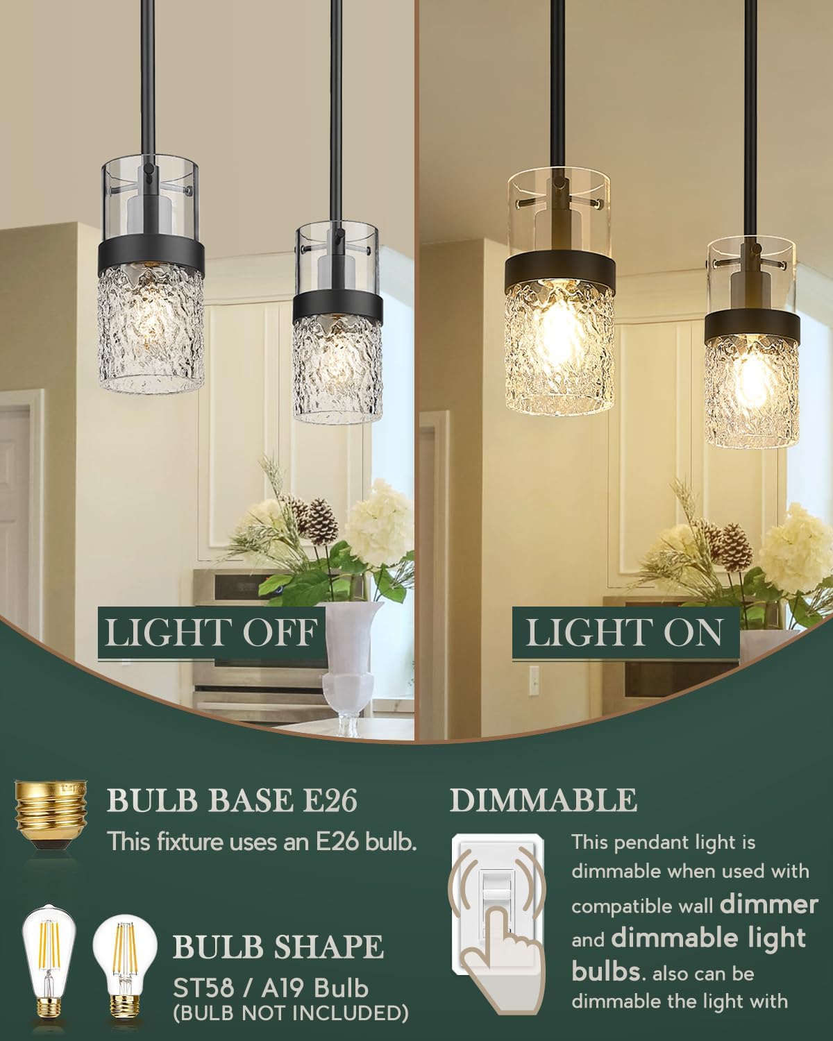 LMS 2-Pack Modern Matte Black Pendant Light, Adjustable Hanging Pendant Lighting with Hammered Glass, Tiltable Pendant Lighting for Kitchen Island, Bathroom, Bedroom, LMS-201 - Grand Goldman