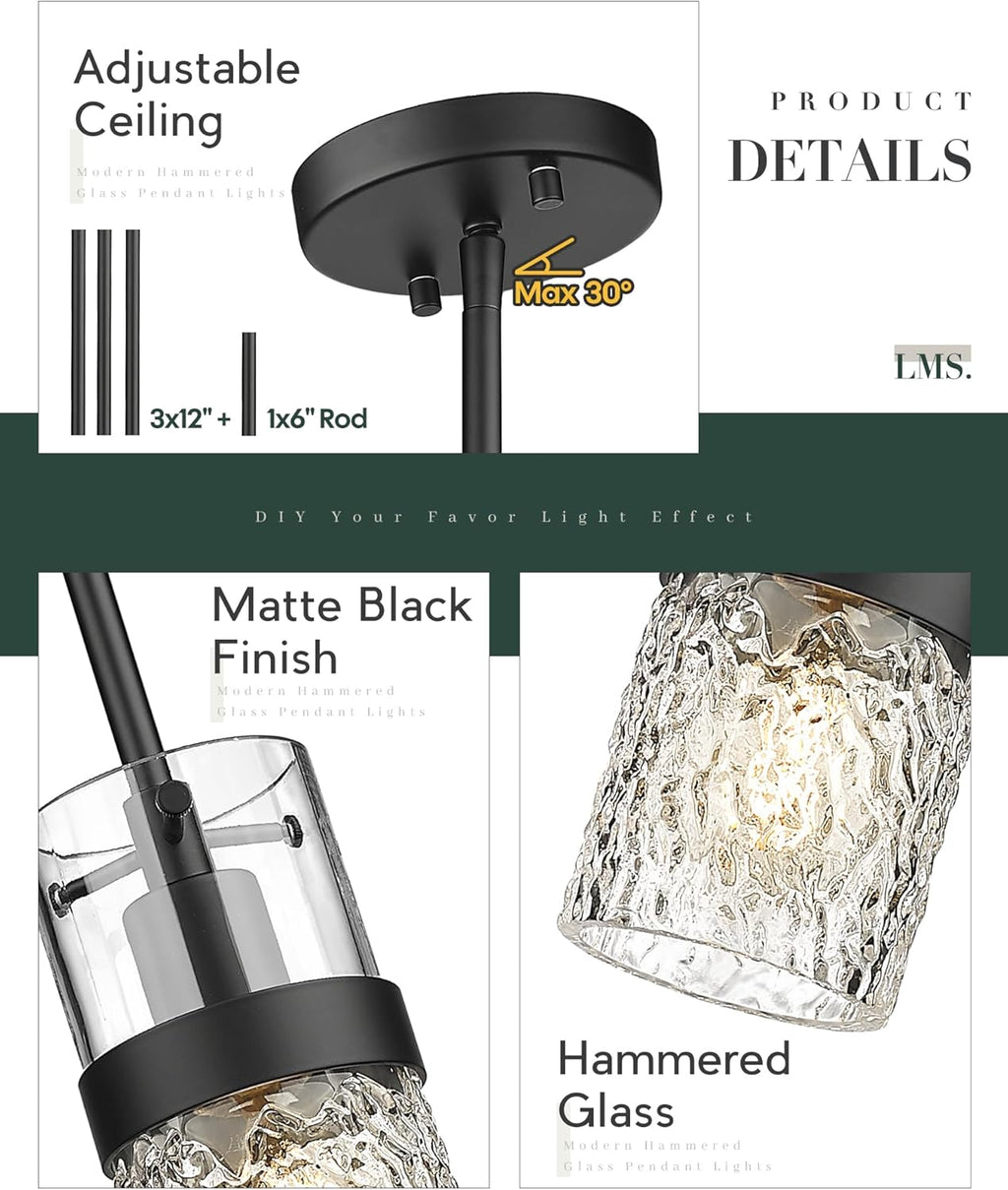 LMS 2-Pack Modern Matte Black Pendant Light, Adjustable Hanging Pendant Lighting with Hammered Glass, Tiltable Pendant Lighting for Kitchen Island, Bathroom, Bedroom, LMS-201 - Grand Goldman