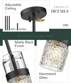 LMS 2-Pack Modern Matte Black Pendant Light, Adjustable Hanging Pendant Lighting with Hammered Glass, Tiltable Pendant Lighting for Kitchen Island, Bathroom, Bedroom, LMS-201 - Grand Goldman