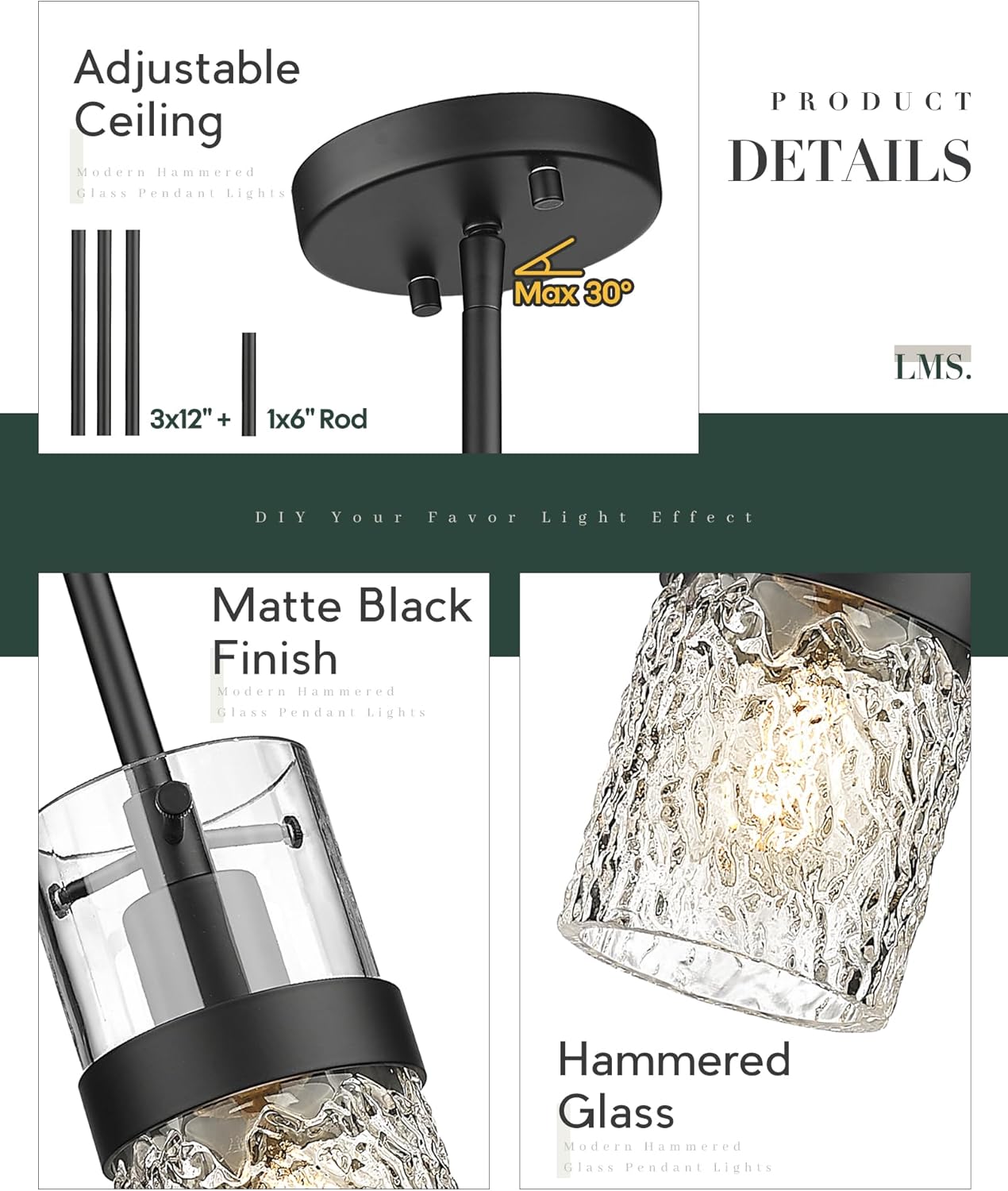 LMS 2-Pack Modern Matte Black Pendant Light, Adjustable Hanging Pendant Lighting with Hammered Glass, Tiltable Pendant Lighting for Kitchen Island, Bathroom, Bedroom, LMS-201 - Grand Goldman