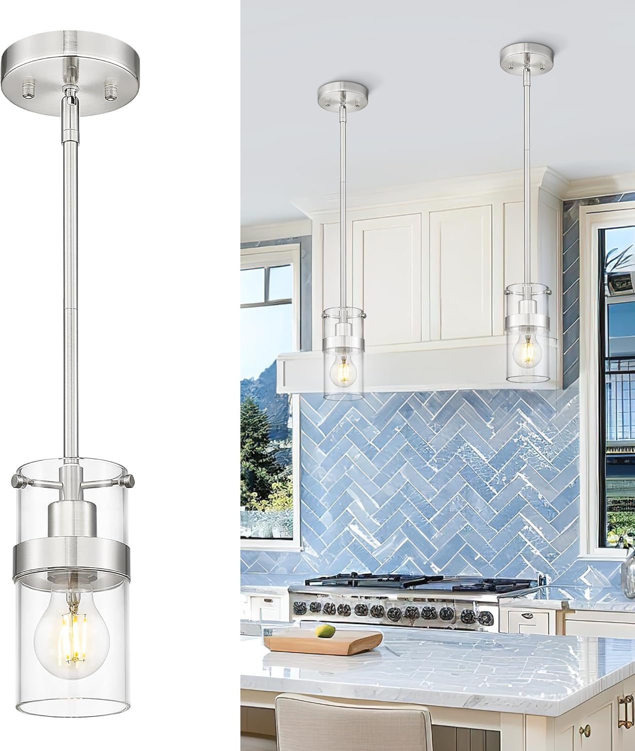 LMS 2-Pack Modern Matte Black Pendant Light, Adjustable Hanging Pendant Lighting with Hammered Glass, Tiltable Pendant Lighting for Kitchen Island, Bathroom, Bedroom, LMS-201 - Grand Goldman