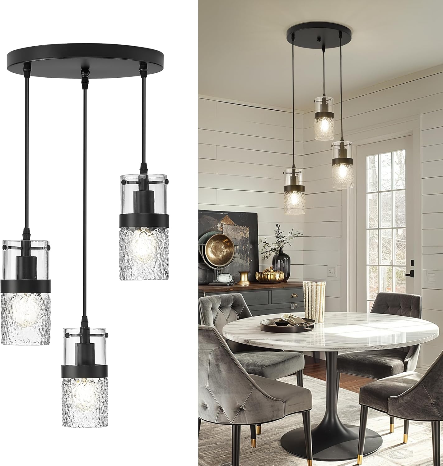 LMS 2-Pack Modern Matte Black Pendant Light, Adjustable Hanging Pendant Lighting with Hammered Glass, Tiltable Pendant Lighting for Kitchen Island, Bathroom, Bedroom, LMS-201 - Grand Goldman