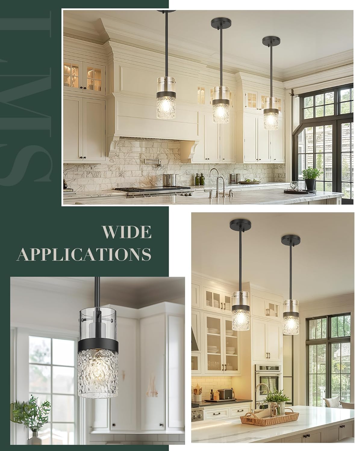 LMS 2-Pack Modern Matte Black Pendant Light, Adjustable Hanging Pendant Lighting with Hammered Glass, Tiltable Pendant Lighting for Kitchen Island, Bathroom, Bedroom, LMS-201 - Grand Goldman