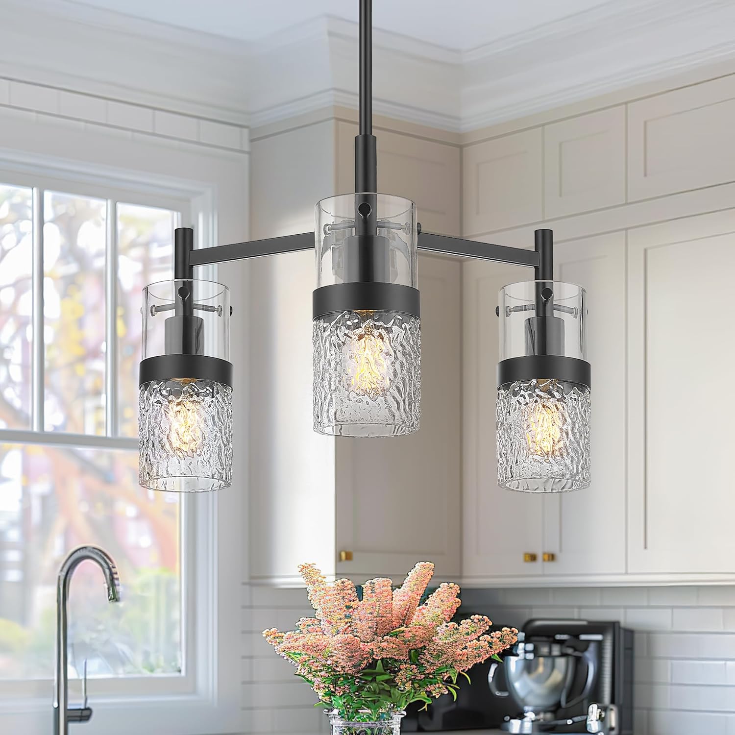 LMS 2-Pack Modern Matte Black Pendant Light, Adjustable Hanging Pendant Lighting with Hammered Glass, Tiltable Pendant Lighting for Kitchen Island, Bathroom, Bedroom, LMS-201 - Grand Goldman