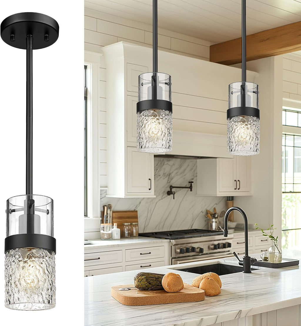 LMS 2-Pack Modern Matte Black Pendant Light, Adjustable Hanging Pendant Lighting with Hammered Glass, Tiltable Pendant Lighting for Kitchen Island, Bathroom, Bedroom, LMS-201 - Grand Goldman